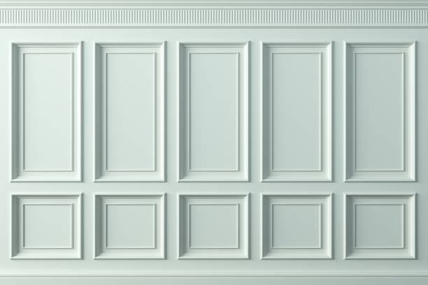 istock Classic wall of white wood panels. Design and technology 1464784894