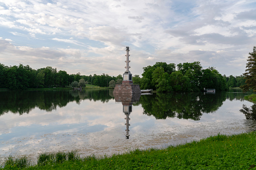 The Chesmenskaya Column in the Catherine Park in Tsarskoye Selo on a summer sunny day, Pushkin, St. Petersburg, Russia