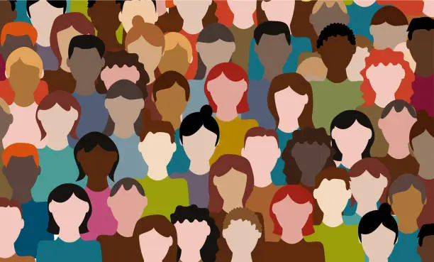 Vector illustration of Multiracial crowd. Workers group, community in parade or in protest. Flat style. Vector illustration. Anonymous people