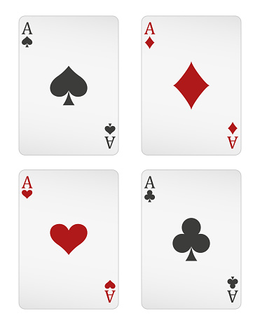 playing cards - a group of four ace cards, Aces of Hearts, Spades, Clubs and Diamonds card, vector illustration isolated on white background