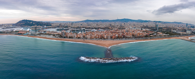 Barcelona central beach aerial view Sant Miquel Sebastian plage Barceloneta district catalonia