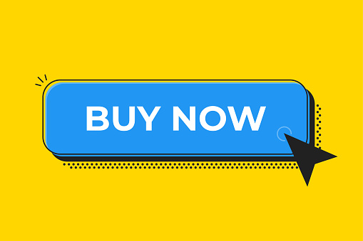 Buy blue 3D button in flat style isolated on yellow background. Vector illustration.