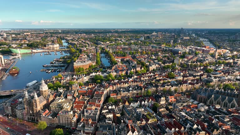 Aerial view of famous places Amsterdam, Netherlands. View of canal and old centre district.