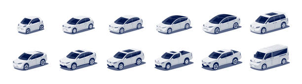 różne typy nadwozi samochodów osobowych - isometric car vector land vehicle stock illustrations