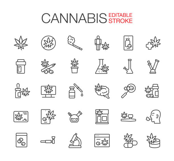 cannabis-liniensymbole setzen sie editierbare kontur - pill medicine laboratory narcotic stock-grafiken, -clipart, -cartoons und -symbole