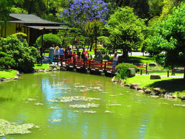 Buenos Aires, Argentina - November 19, 2018. People on the bridge in the Buenos Aires Japanese Garden (Jardín Japones de Buenos Aires).