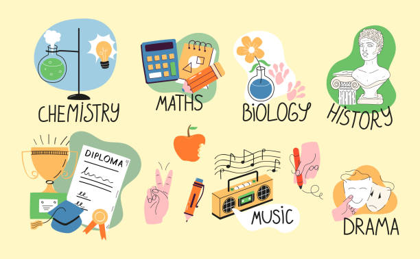 ilustrações de stock, clip art, desenhos animados e ícones de secondary school icons vector set. back to school stickers. biology, music, history lesson vector in doodle. tape recorder with notes. - secondary action