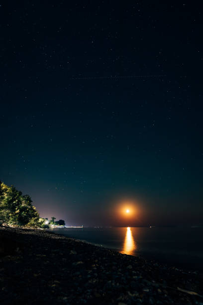 istock Lighthouse with beam of shining light in the  dark summer night 1464801084