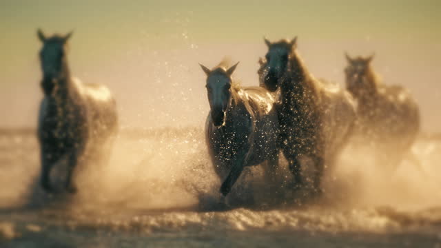 Slow motion beautiful horses running in sunny ocean at sunrise