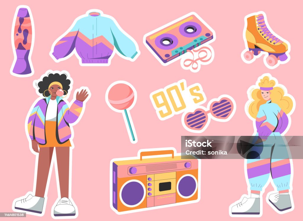 Busana 90an Stiker Dalam Desain Retro Datar Pakaian Olahraga Tape