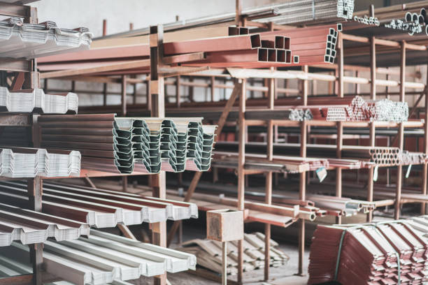 Metal rolled products on a warehouse background.