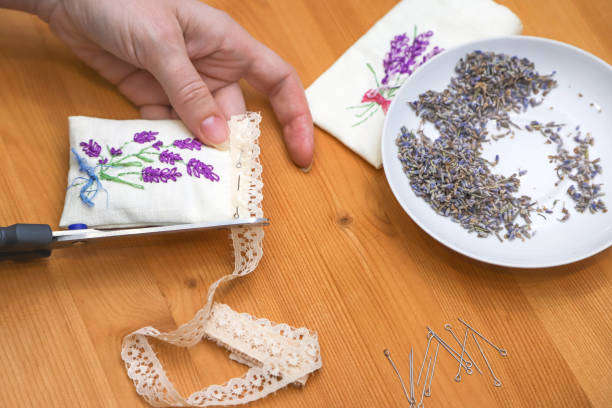 istock Making lavender sachet with floral embroidery at home. Zero waste DIY gift. Homemade aromatherapy 1464806272