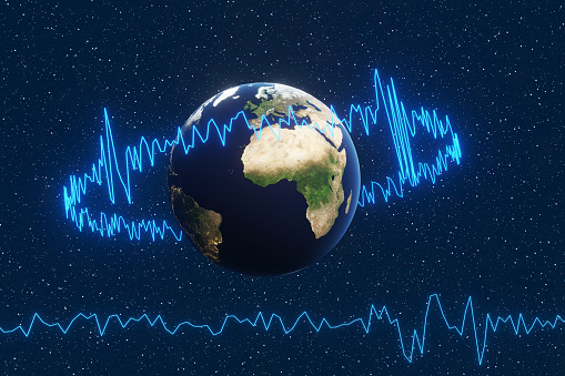 El planeta Tierra rodeado por un gráfico de terremoto en el fondo del universo. Ilustración del concepto de sismograma sísmico photo