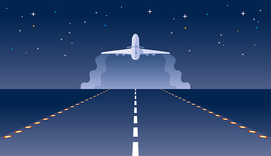 Vector Ilustration of a Beautiful Horizontal Point of View with a Starry Night Sky on Vacations with a Runway Take-off Airplane