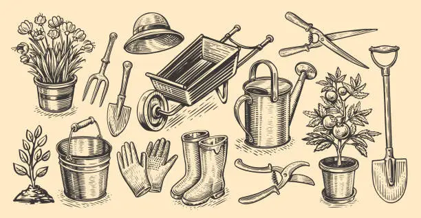 Vector illustration of Gardening set of items in sketch style. Garden, farm concept. Agriculture, farming vintage vector illustration