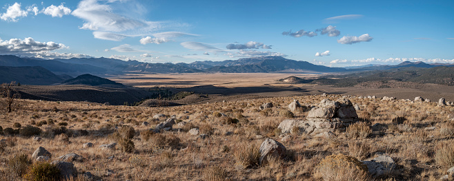 Panoramic view of Bridgeport Valley, Mono County, California, from the south, with Sweetwater Mountains in the distance, Sierra Nevada on the left.