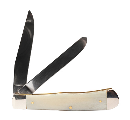 Thin pocketknife with dual blades and a bone handle