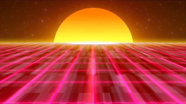 Abstract red glowing neon laser grid retro futuristic high tech from 80s, 90s with energy lines on surface and horizon with sun, abstract background. Video 4k, motion design