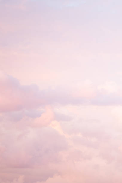 Sky with soft and fluffy pastel pink and blue colored clouds. Sunset background. Nature. sunrise. Instagram toned style. Vertical stock photo