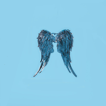 A pair of angel wings decorated with feathers on a light blue background.