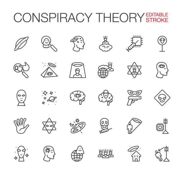 Vector illustration of Conspiracy Theory Line Icons Set Editable Stroke