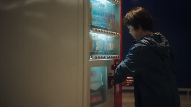 Asian woman choosing some drink on auto water machine.