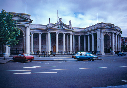 1980s old Positive Film scanned, the view of DAME street and Bank of Ireland in TRINITY College, Dublin, Ireland.