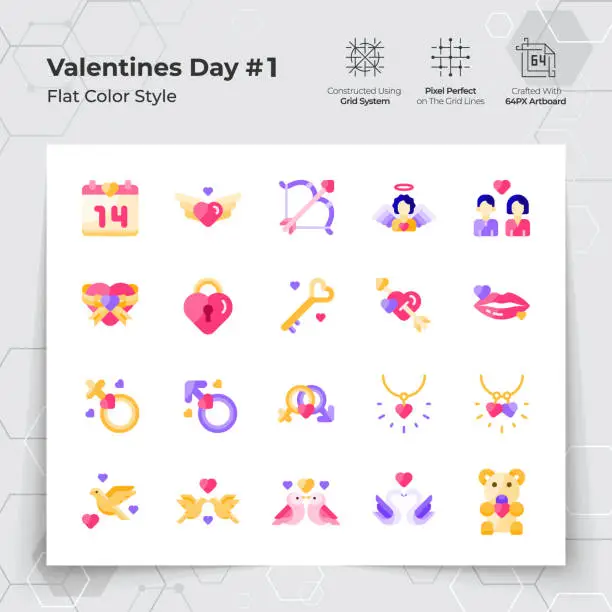Vector illustration of Valentine's day icon set in flat color style with a love and heart theme. A Collection of love and romance vector symbols for Valentine's Day celebration.
