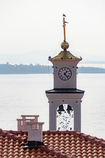 Vertical sea view with a church bell tower with clock dial and a bird