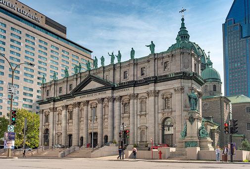 Montreal, Canada - September 25, 2021:  Exterior of the Mary, Queen of the World Cathedral in downtown.  This 19th-century church was modelled after the famous St. Peter's Basilica in Rome