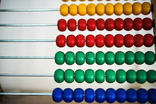 Close up shot of a wooden multi colored abacus.