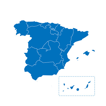 Spain political map of administrative divisions - autonomous communities and autonomous cities of Ceuta and Melilla. Solid blue blank vector map with white borders.