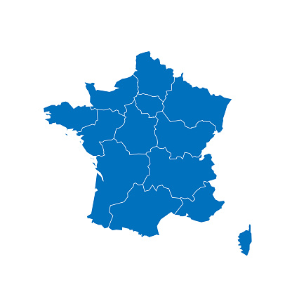 France political map of administrative divisions - regions. Solid blue blank vector map with white borders.