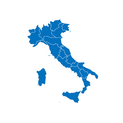 Italy political map of administrative divisions - regions. Solid blue blank vector map with white borders.