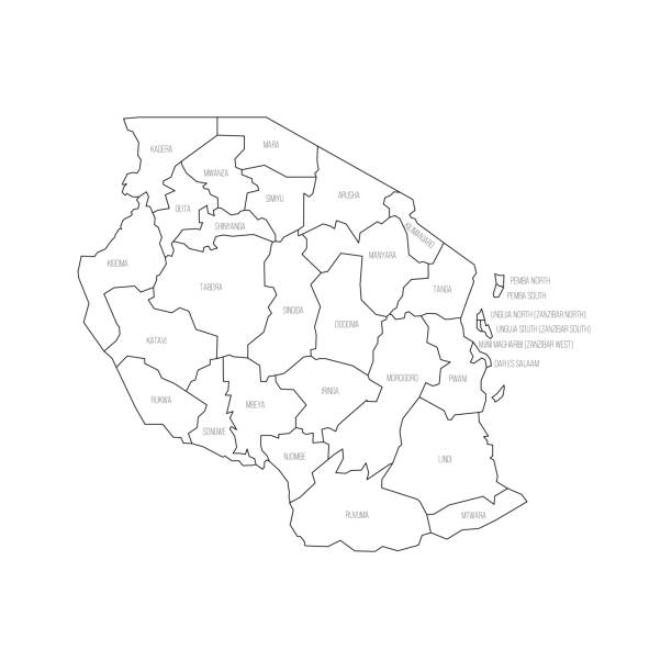 Tanzania political map of administrative divisions Tanzania political map of administrative divisions - regions. Thin black outline map with division name labels. tanzania stock illustrations