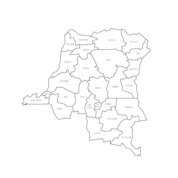 polityczna mapa podziału administracyjnego demokratycznej republiki konga - zaire emery stock illustrations