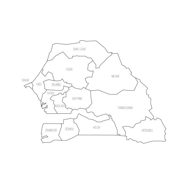 polityczna mapa podziału administracyjnego senegalu - senegal dakar region africa map stock illustrations