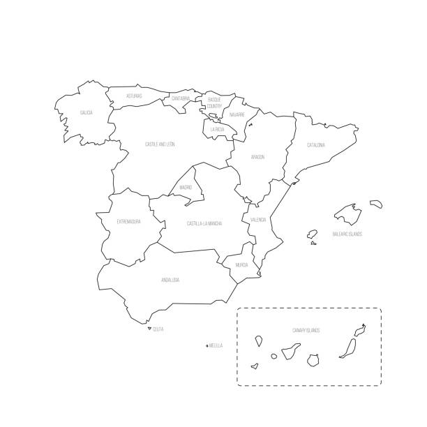 Spain political map of administrative divisions Spain political map of administrative divisions - autonomous communities and autonomous cities of Ceuta and Melilla. Thin black outline map with division name labels. ceuta map stock illustrations