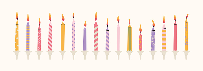 Candles for the cake. Colorful holiday candles for cake decoration. Bright accessories for the holiday. Vector hand drawillustration.Holiday banner, poster, greeting card, invitation background