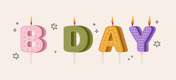 Hand drawn Infant age candles.Birthday candle BDAY. Baby shower gifts decoration vector. Design for print, textile, greeting card or wrapping paper. Letter shaped candles.