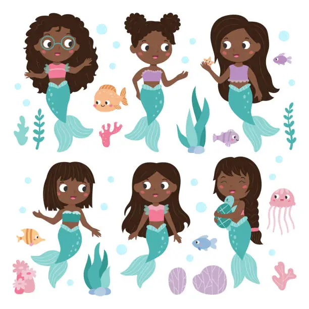 Vector illustration of Set of mermaid princess. Mermaid African characters