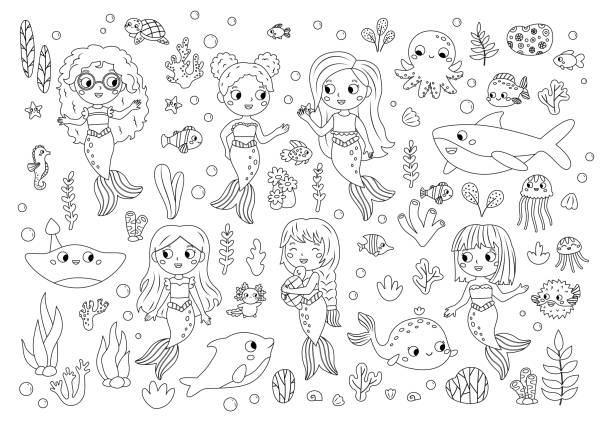 Coloring page with mermaids, sea and ocean animals, underwater plants. Fairy tale characters. Coloring book for kids. Black and white vector illustration. whale tale stock illustrations