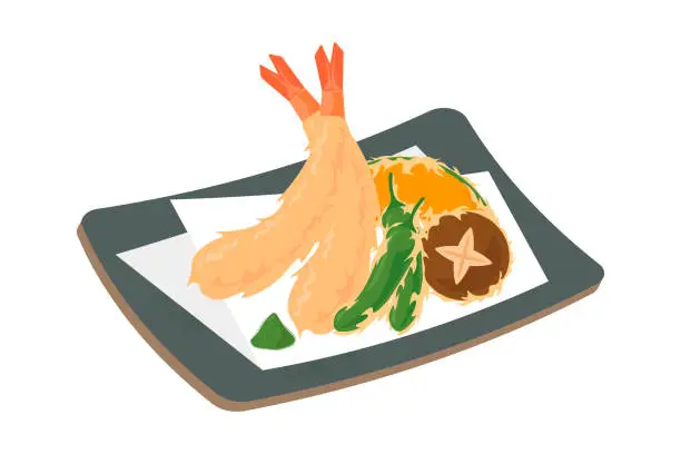 Vector illustration of Japanese Food, Tempura. Shrimp, Shishito Green Pepper, Shiitake, Japanese Pumpkin, Matcha Salt.