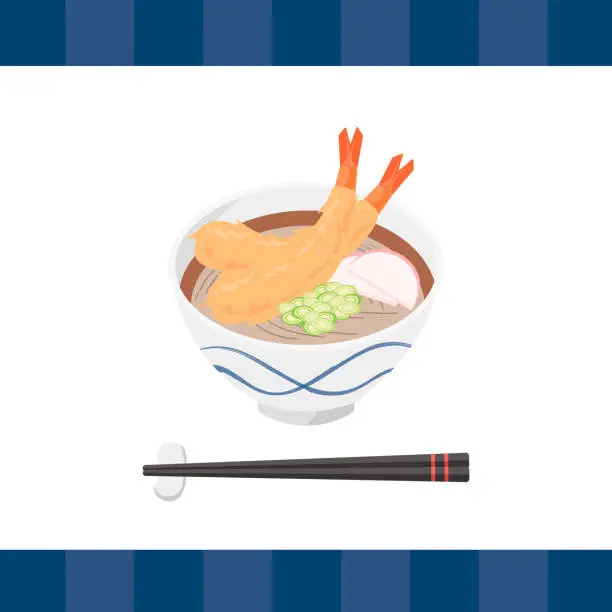 Vector illustration of Japanese Food, Tempura Soba with Chopsticks. Shrimp, Kamaboko, Leeks.