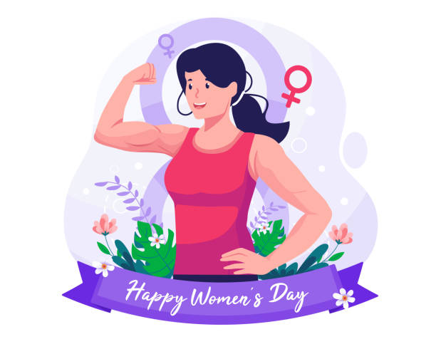 istock A strong powerful confident young woman raises her arm and shows her bicep. Empowerment of Women, Feminism, Gender equality. Women's Day concept illustration 1464864658