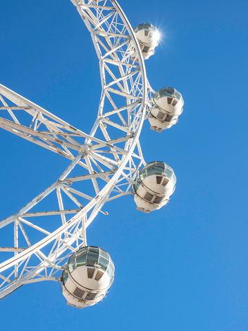 London, United Kingdom - January 18 2020: London Eye Ferris Wheel and cityscape with clear blue sky