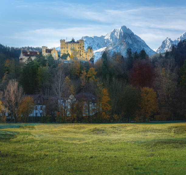 замок хоэншвангау с пиком гереншпитце на фоне гор таннхайм в альпах - швангау, бавария, германия - gehrenspitze стоковые фото и изображения