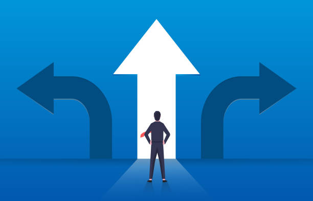 istock Choice and decision, businessman standing with arrows in three different directions, pathway selection dilemma 1464879699