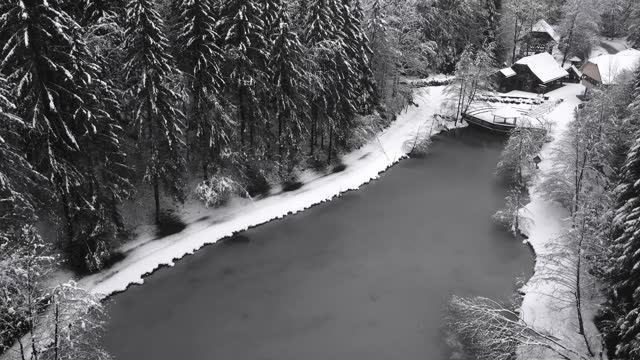 Drone view of pond in winter