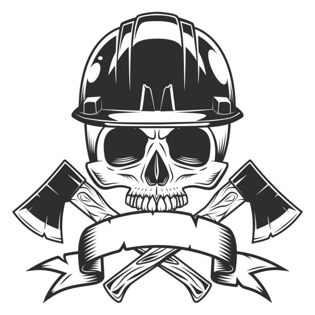 Half skull in hard hat and crossed metal ax with handle made of wood. Wooden axe construction builder tool. Element for business woodworking or lumberjack emblem or icon with ribbon. Half skull in hard hat and crossed metal ax with handle made of wood. Wooden axe construction builder tool. Element for business woodworking or lumberjack emblem or icon with ribbon. axe throwing logo stock illustrations